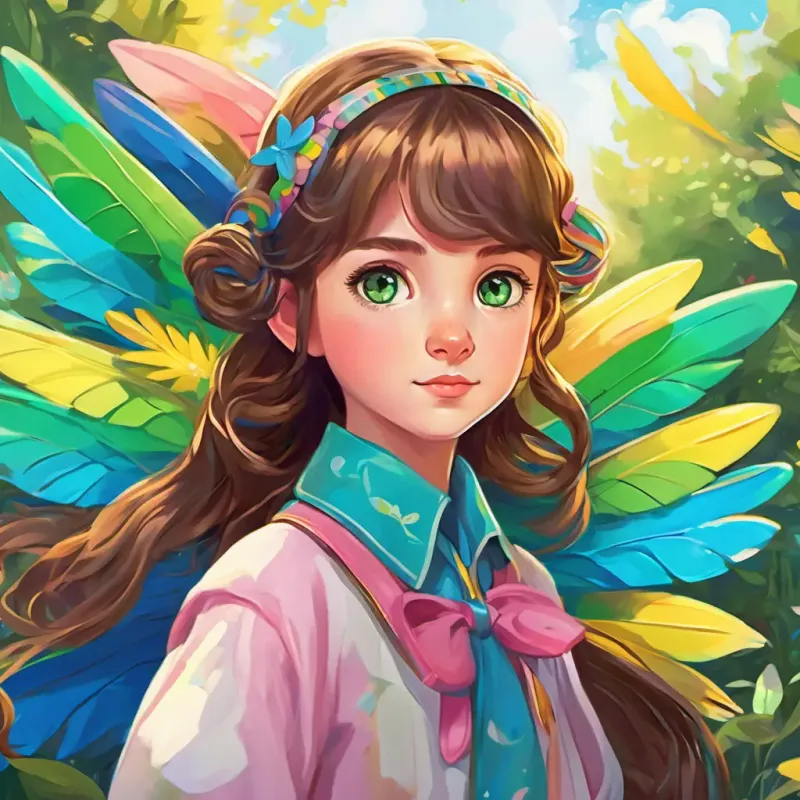 Curious girl with bright eyes and long, brown hair tied in pigtails surrounded by tiny Tiny colorful wings - blue, green, yellow, and pink with colorful wings - blue, green, yellow, and pink