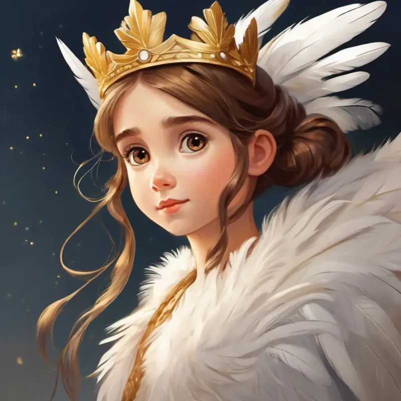 Curious girl with bright eyes and long, brown hair tied in pigtails watching a graceful Soft white feathers, wearing a golden crown on its head with soft white feathers and a golden crown