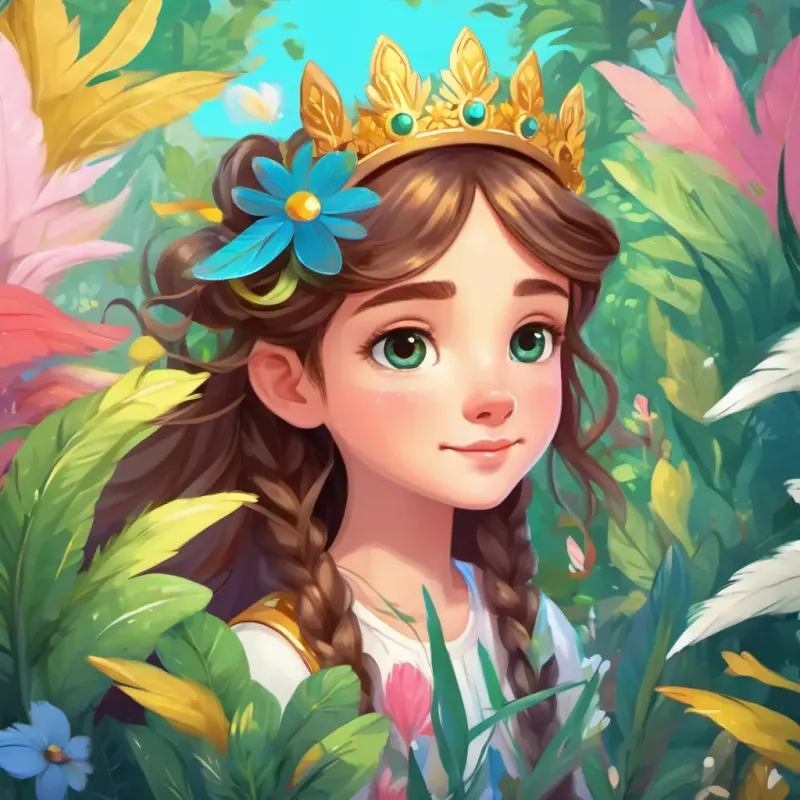 Curious girl with bright eyes and long, brown hair tied in pigtails surrounded by playful Tiny colorful wings - blue, green, yellow, and pink, talking plants, and a singing Soft white feathers, wearing a golden crown on its head in the magical garden