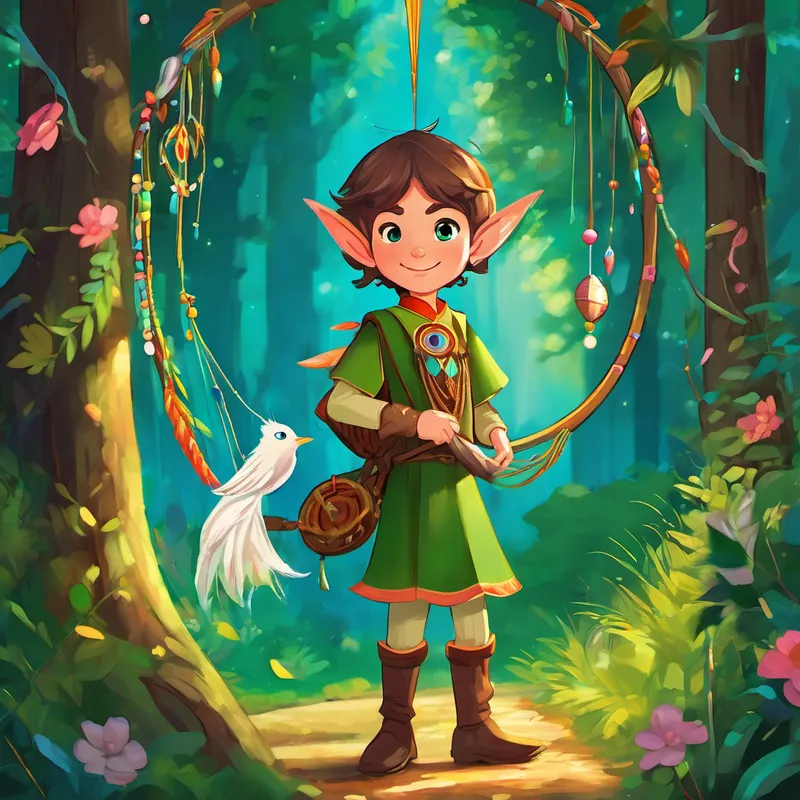 In a magical forest, Dottie is a little elf with green clothes and pointy ears She has brown eyes and rosy cheeks the elf stood next to Dave is a big dreamcatcher with long feathers and colorful beads He has blue eyes and a smiley face, a big dreamcatcher with feathers and beads.