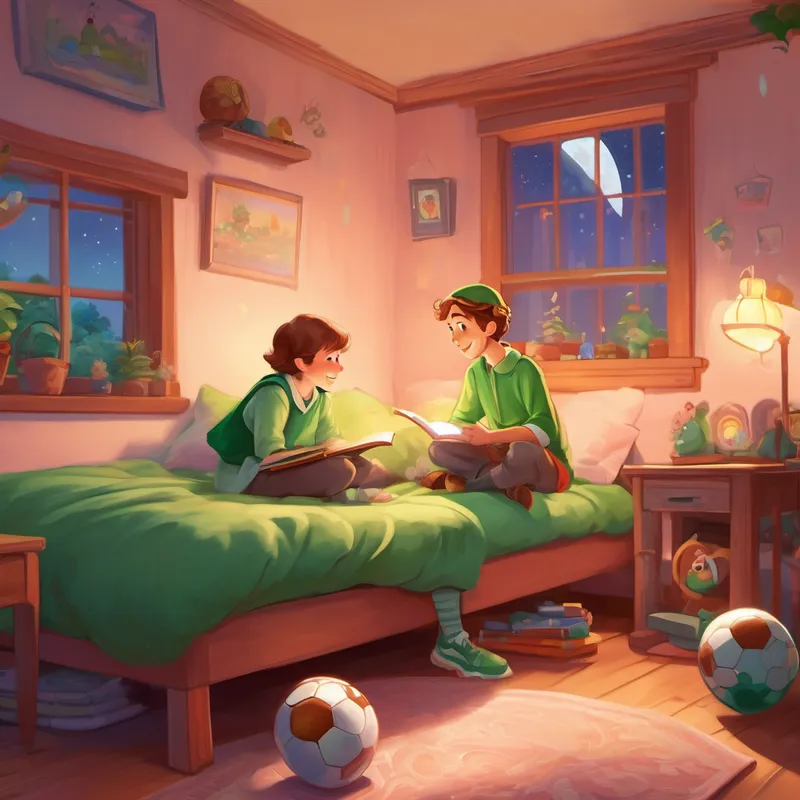 Inside a cozy bedroom, Dottie is a little elf with green clothes and pointy ears She has brown eyes and rosy cheeks and Dave looked at a glowing dream bubble filled with a soccer ball and smiling kids.