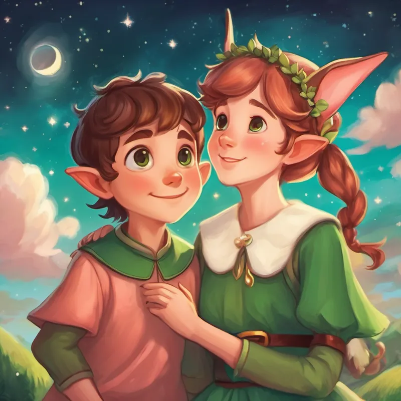 Dottie is a little elf with green clothes and pointy ears She has brown eyes and rosy cheeks and Dave smiled at each other, ready for more adventures. Above, a magical sky full of dreams sparkled with hope.