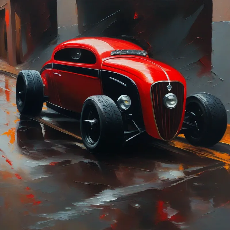 A red car with black wheels and a determined expression.