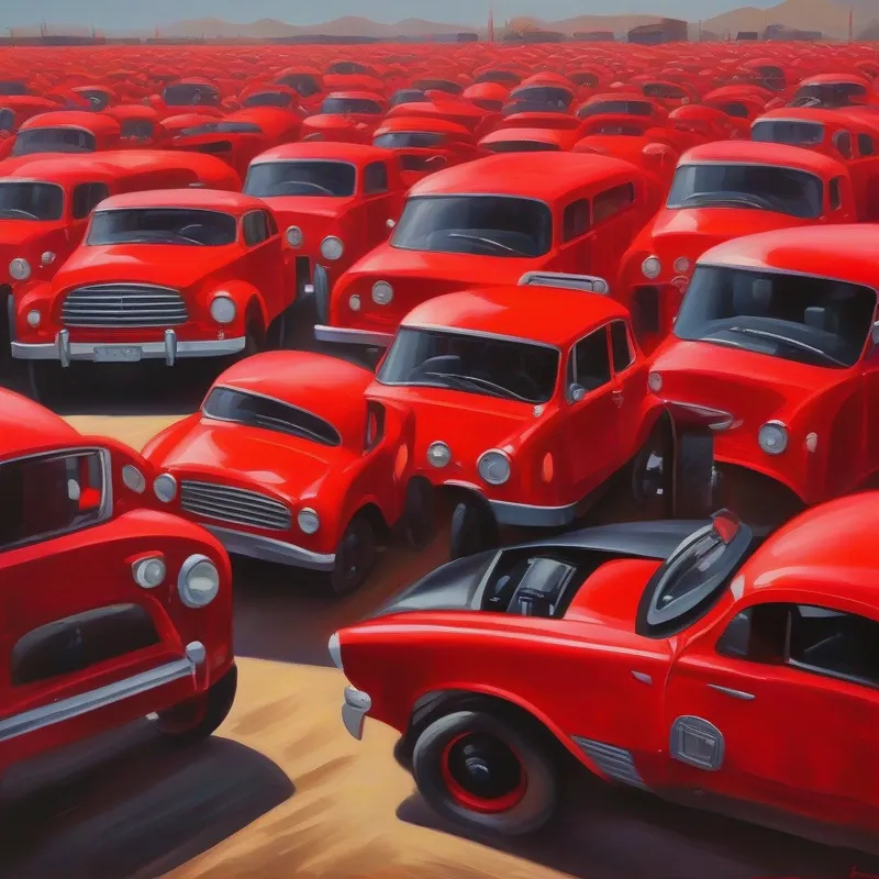A bright red vehicle with black wheels and determined eyes. surrounded by larger vehicles, each scoffing at Car.