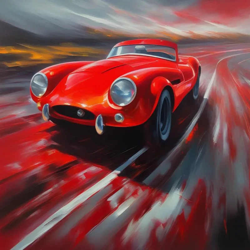 A bright red vehicle with black wheels and determined eyes. honking, swirling on a race track, determined eyes glowing.