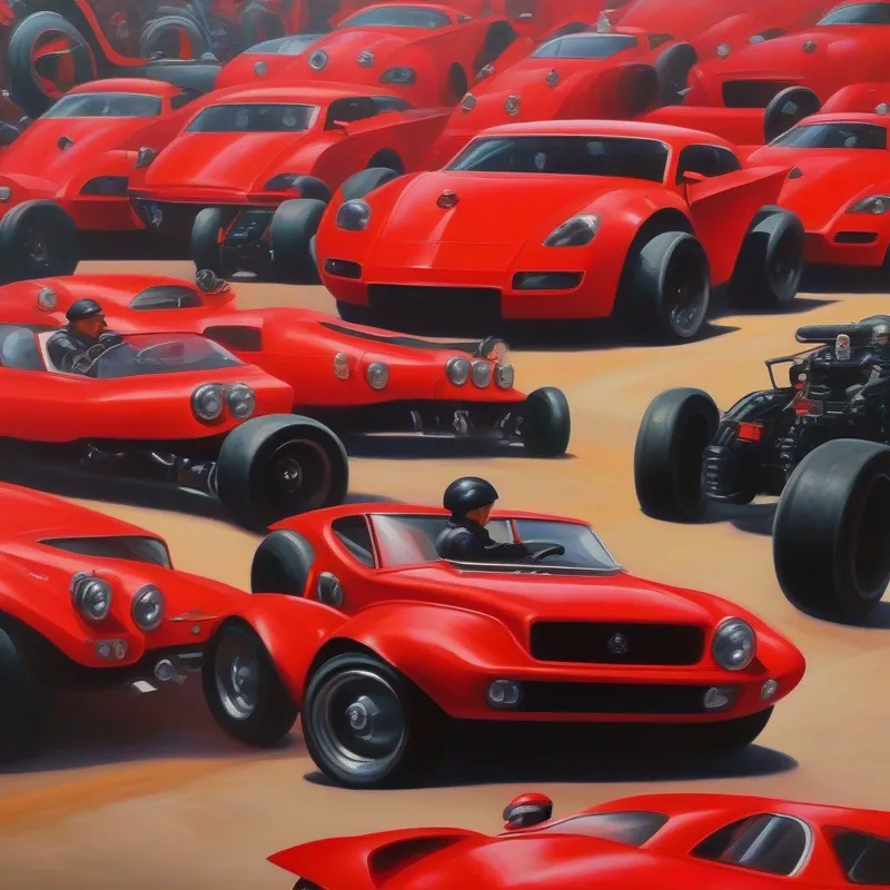 A bright red vehicle with black wheels and determined eyes. positioned at the starting line with intimidating vehicles beside it.