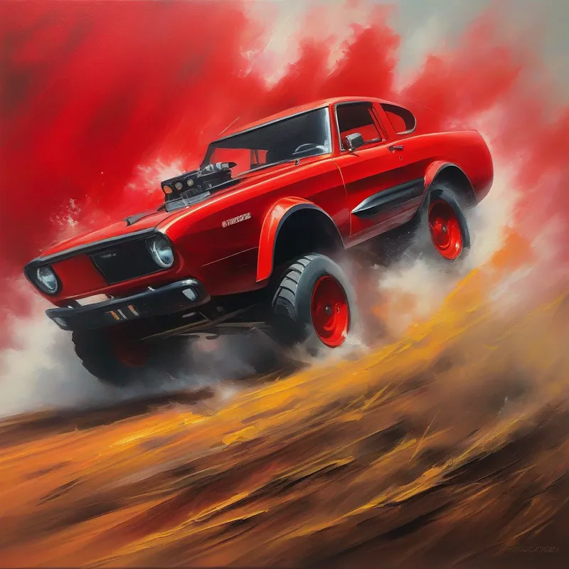 A bright red vehicle with black wheels and determined eyes. zipping past astonished competitors, leaving smoke in its wake.