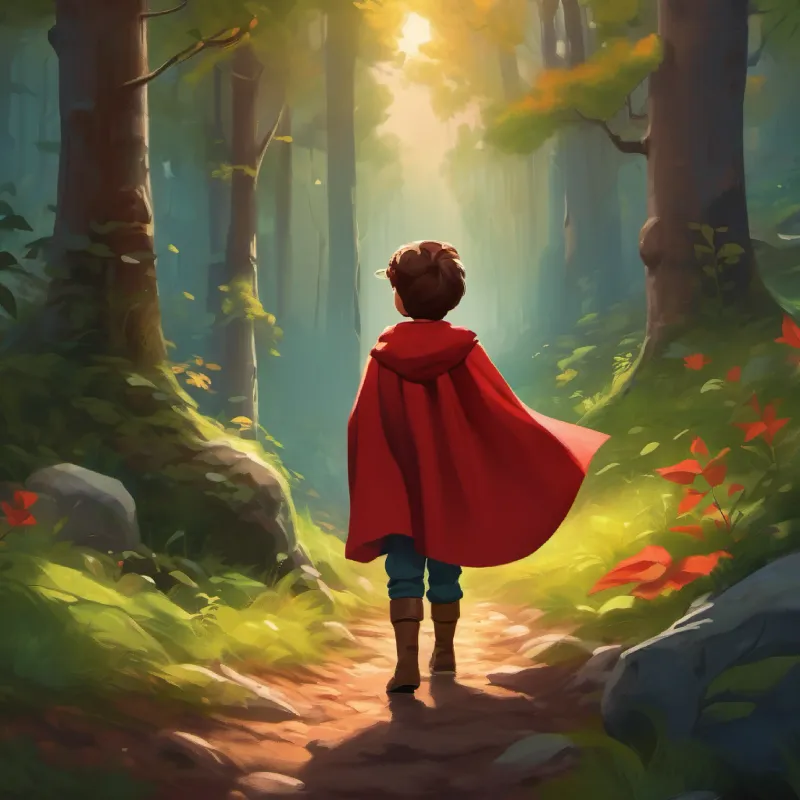 Introduction to the brave kid A brave kid with a red cape, full of curiosity and courage and the mysterious forest.
