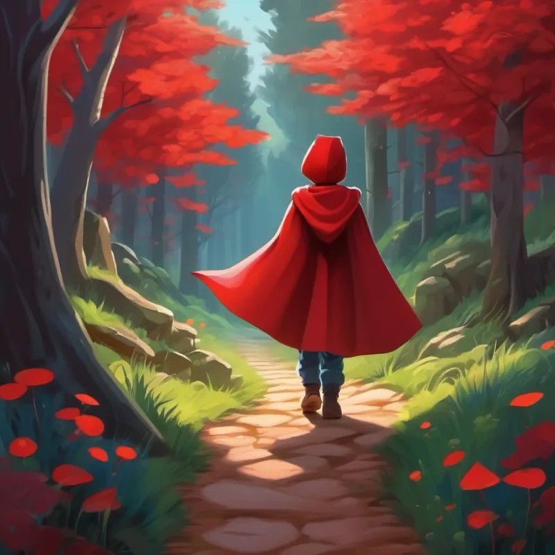 A brave kid with a red cape, full of curiosity and courage approaches the mysterious, squiggly forest path.