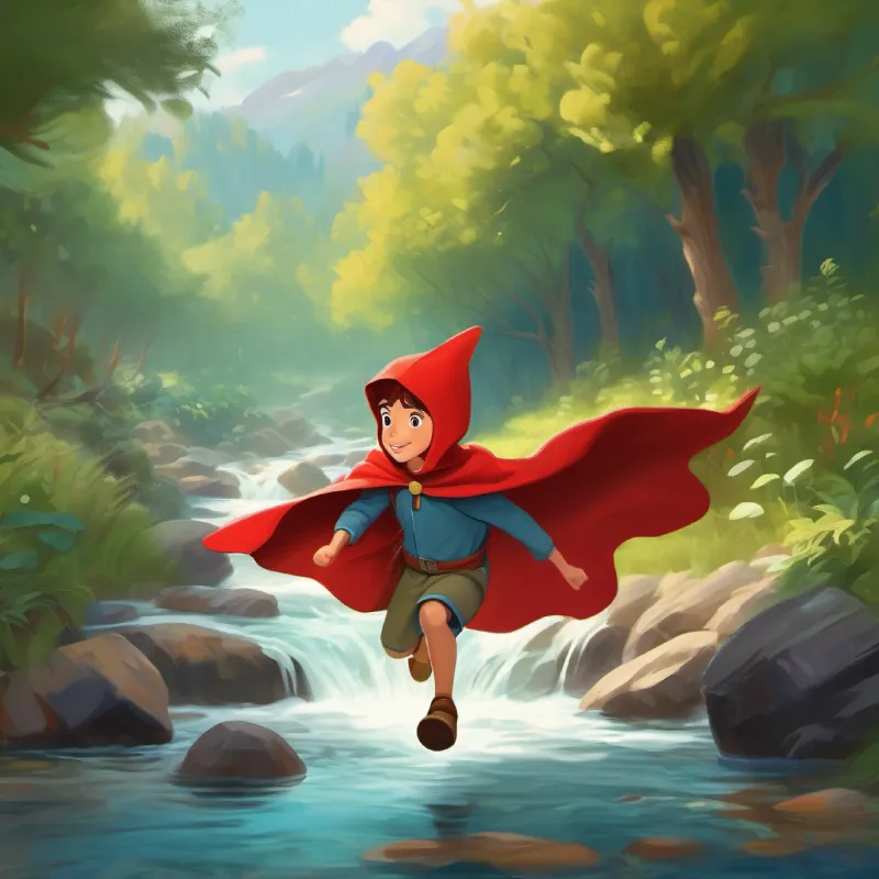 A brave kid with a red cape, full of curiosity and courage encounters wildlife and jumps over a clear stream.