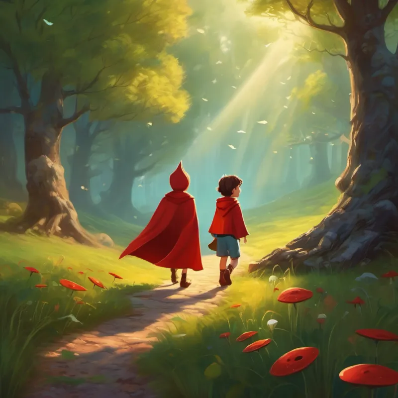 A brave kid with a red cape, full of curiosity and courage traces strange footprints to a fairy ring.