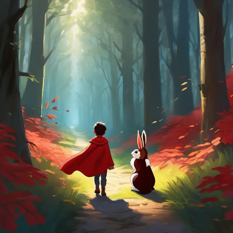 A brave kid with a red cape, full of curiosity and courage meets a rabbit and follows it through the forest.