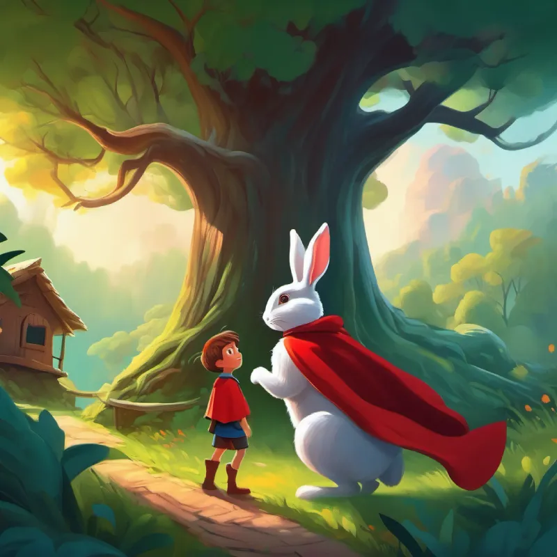 The rabbit shows A brave kid with a red cape, full of curiosity and courage a glade with a mysterious treehouse.