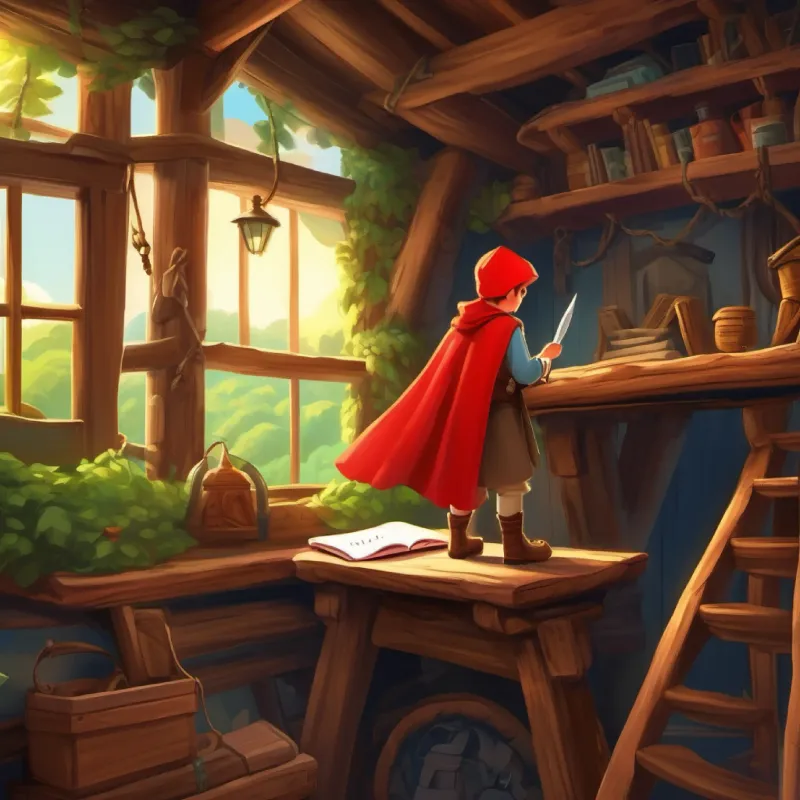 Inside the treehouse, A brave kid with a red cape, full of curiosity and courage discovers adventure gear and a note.