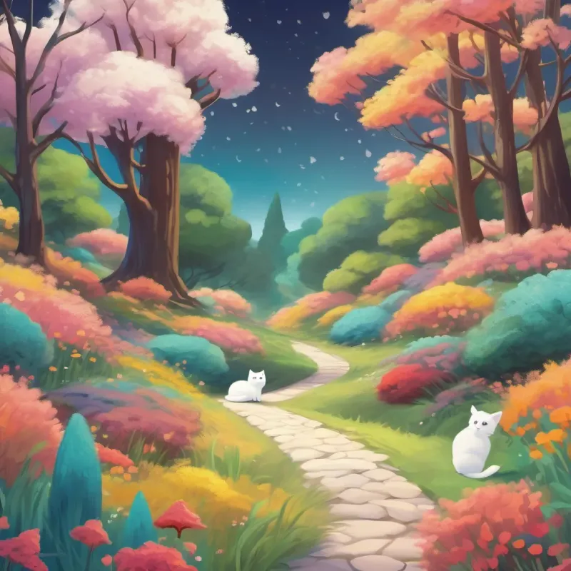 A magical, colorful landscape with whimsical trees and a fluffy white cat.