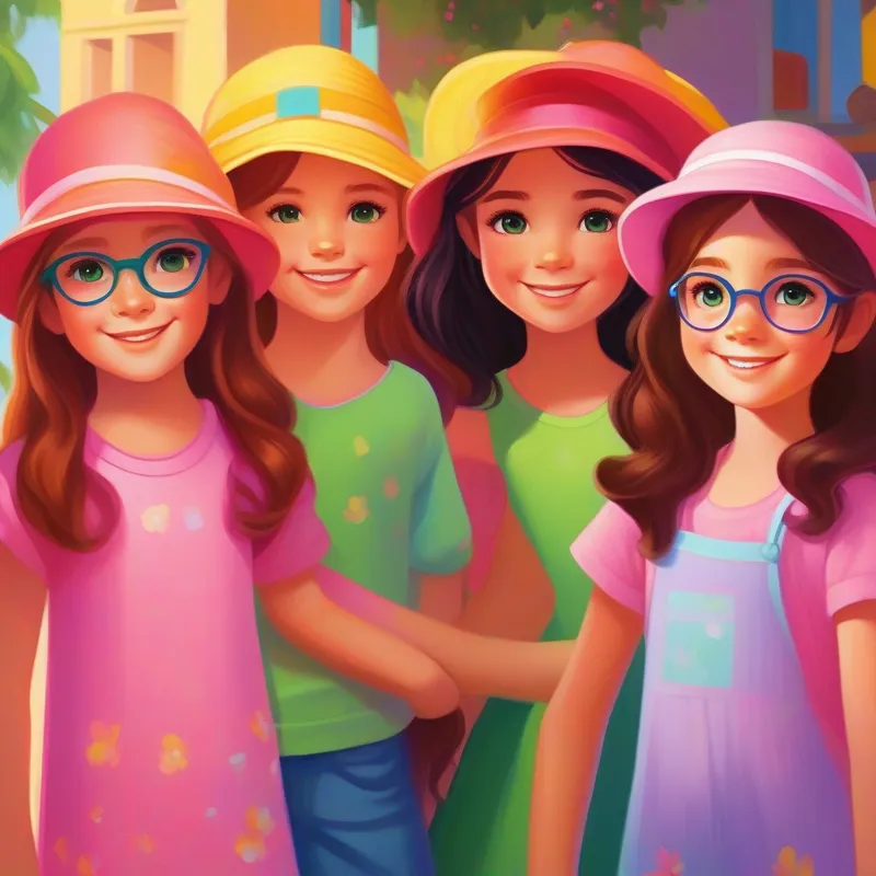 Sara: Brown hair, blue eyes, wearing a pink hat. smiling with Maya: Black hair, green eyes, wearing a yellow sundress. and Emma: Red hair, brown eyes, wearing glasses and a purple t-shirt., bright and colorful atmosphere.