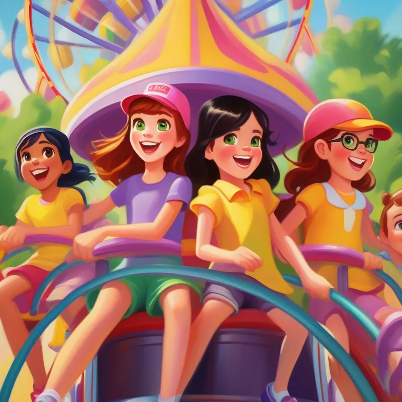 Sara: Brown hair, blue eyes, wearing a pink hat., Maya: Black hair, green eyes, wearing a yellow sundress., and Emma: Red hair, brown eyes, wearing glasses and a purple t-shirt. enjoying rides at the amusement park, full of excitement.