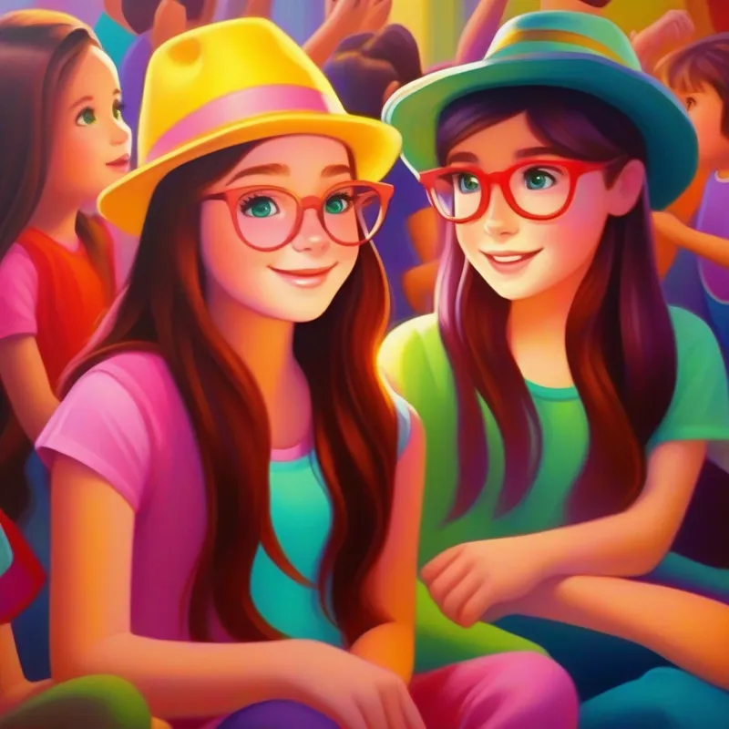 Sara: Brown hair, blue eyes, wearing a pink hat., Maya: Black hair, green eyes, wearing a yellow sundress., and Emma: Red hair, brown eyes, wearing glasses and a purple t-shirt. amazed at the magic show, colorful and mystical ambiance.