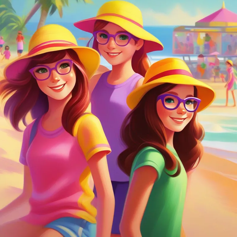 Sara: Brown hair, blue eyes, wearing a pink hat., Maya: Black hair, green eyes, wearing a yellow sundress., and Emma: Red hair, brown eyes, wearing glasses and a purple t-shirt. having a great time at the beach, sunny and cheerful atmosphere.