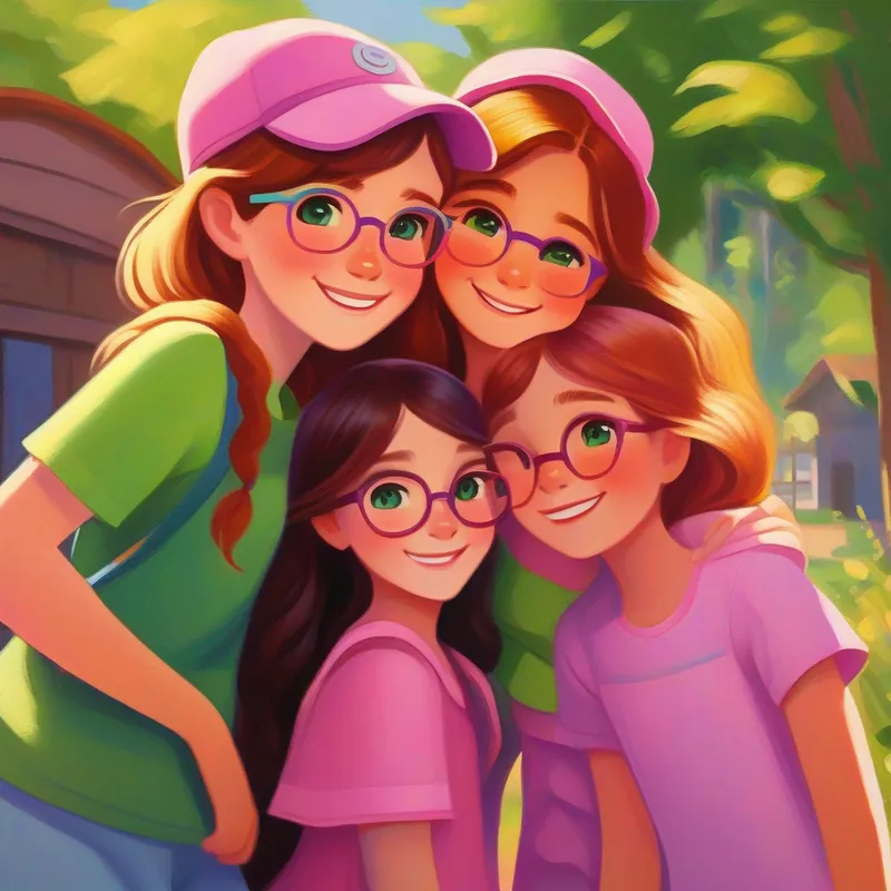 Sara: Brown hair, blue eyes, wearing a pink hat., Maya: Black hair, green eyes, wearing a yellow sundress., and Emma: Red hair, brown eyes, wearing glasses and a purple t-shirt. hugging and smiling, filled with happiness and warmth.