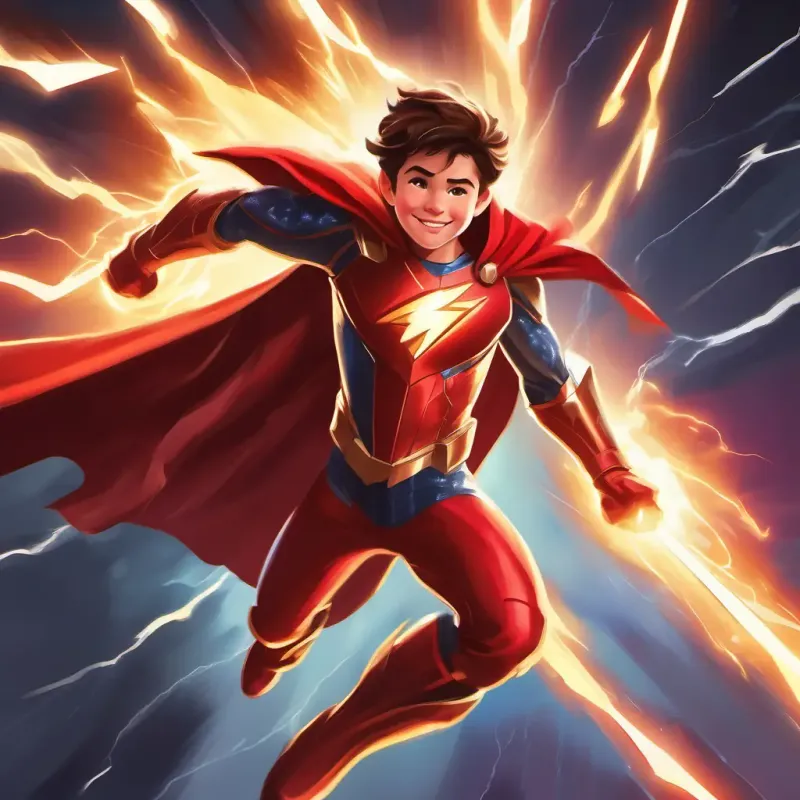 A 12-year-old with a red cape and incredible powers and Wearing shiny armor and full of determination meet Dressed in lightning bolts and a big smile, the lightning-fast superhero