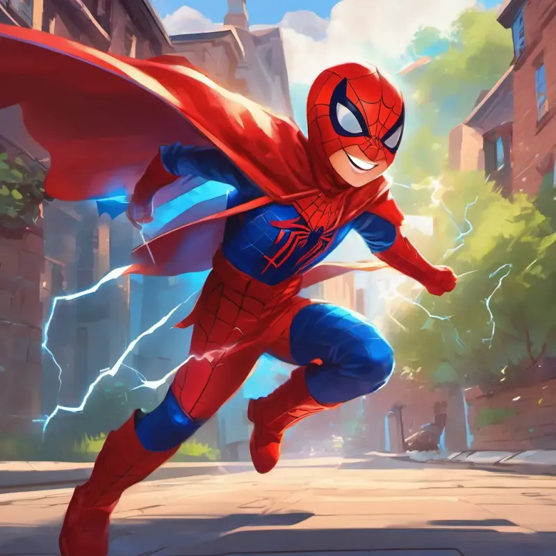 A 12-year-old with a red cape and incredible powers, Wearing shiny armor and full of determination, and Dressed in lightning bolts and a big smile meet Wearing a red and blue costume with amazing spider powers, the friendly neighborhood hero