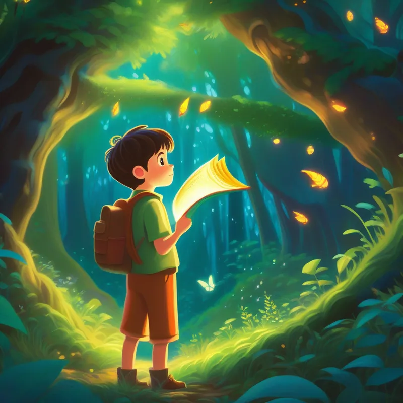 Young boy finds enchanted book in magical forest.