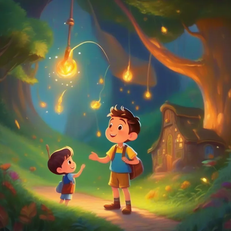 Fairy tale characters teach Curious and adventurous boy with a spark of excitement. the importance of good listening.