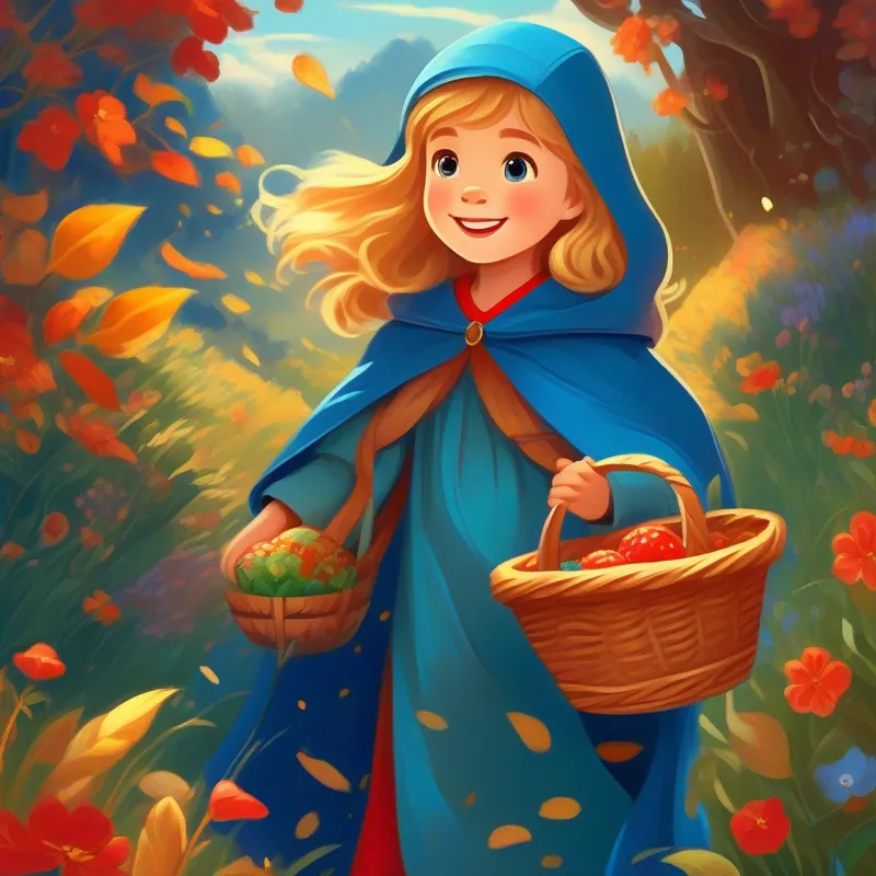 Curious and adventurous boy with a spark of excitement. hears stories from Elegant and kind-hearted girl in a shimmering blue dress., Beautiful girl with long, golden hair and a gentle demeanor., and Brave girl in a red cloak with a basket of goodies..