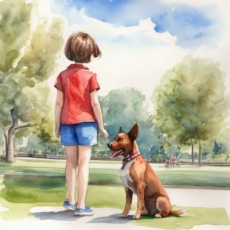 Short brown hair, blue shirt, and red shorts. and dog doll playing in the park