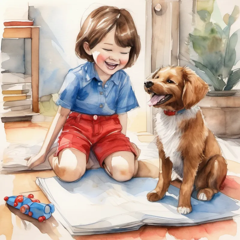 Short brown hair, blue shirt, and red shorts. and dog doll laughing and playing at home
