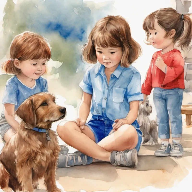 Short brown hair, blue shirt, and red shorts. and dog doll looking at other girls playing