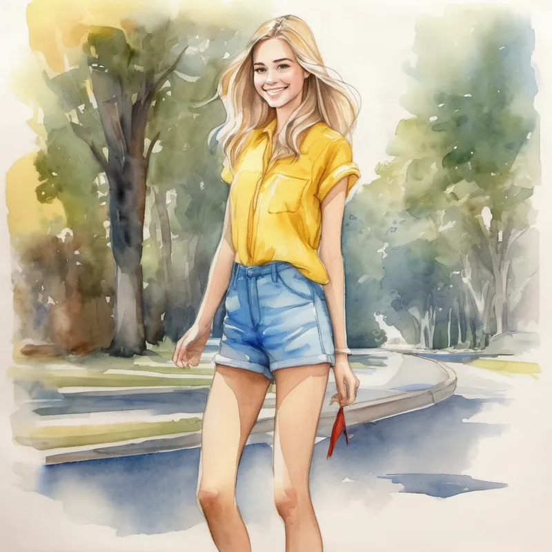 Long blonde hair, yellow dress, and white shoes. smiling and extending her hand towards Short brown hair, blue shirt, and red shorts.
