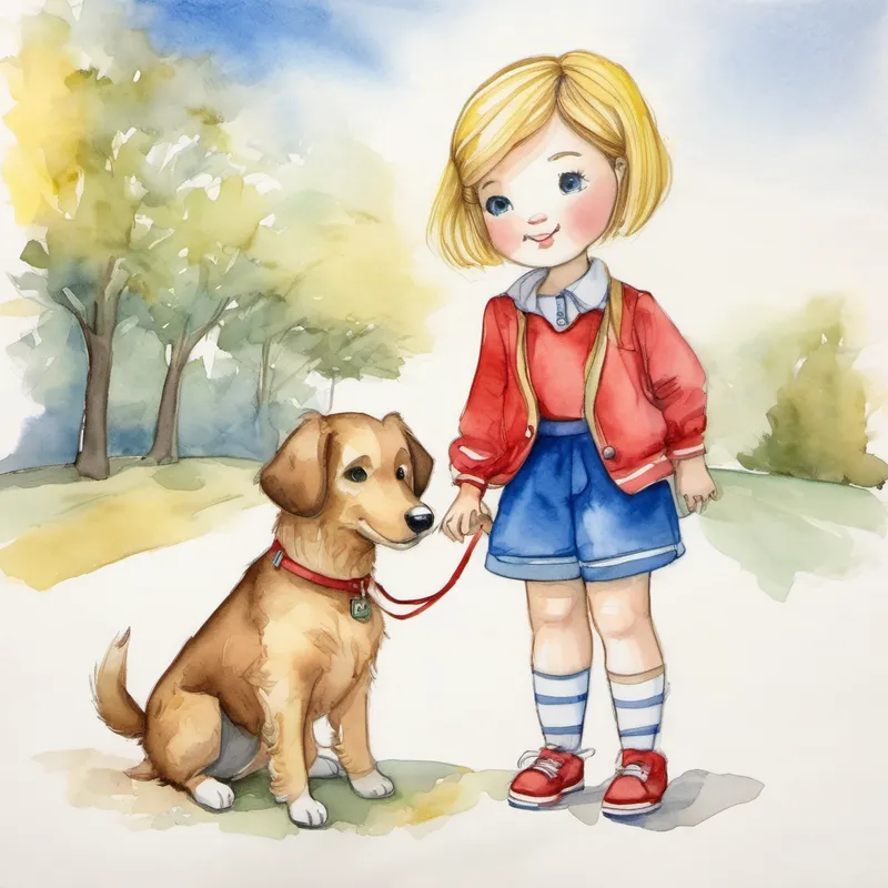 Dog doll encouraging Short brown hair, blue shirt, and red shorts. to befriend Long blonde hair, yellow dress, and white shoes.