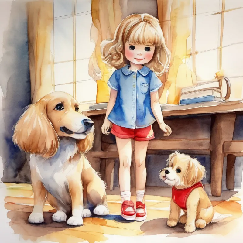 Short brown hair, blue shirt, and red shorts., dog doll, and Long blonde hair, yellow dress, and white shoes. playing happily