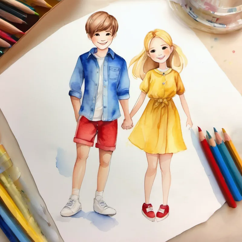 Short brown hair, blue shirt, and red shorts., dog doll, and Long blonde hair, yellow dress, and white shoes. smiling and holding hands