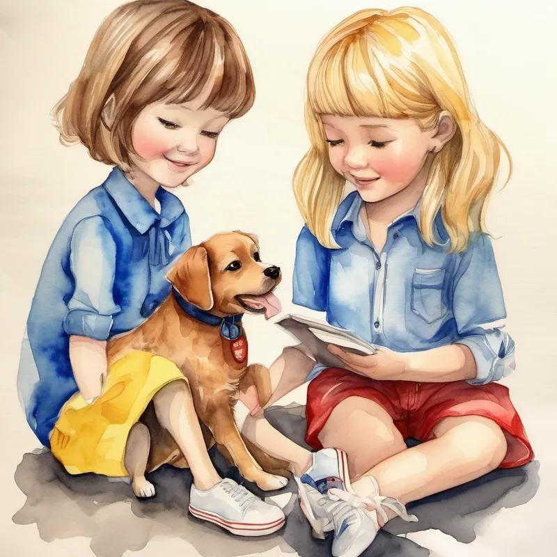 Short brown hair, blue shirt, and red shorts., dog doll, and Long blonde hair, yellow dress, and white shoes. enjoying their friendship