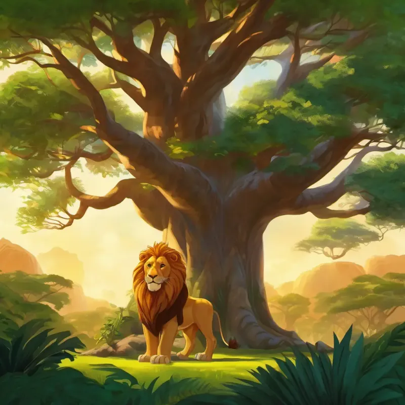In the heart of the African jungle, A brave lion with a golden mane, exuding strength and courage, amber eyes, a golden-maned lion, stands near a towering baobab tree. The sun shines brightly, casting dappled shadows on the lush green foliage.