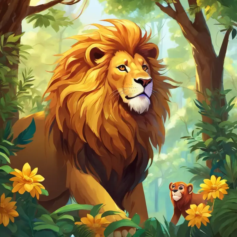 Amongst tall trees and vibrant flowers, A brave lion with a golden mane, exuding strength and courage, amber eyes approaches a playful monkey named A mischievous monkey with a playful grin, brown fur, mischievous spark. A brave lion with a golden mane, exuding strength and courage, amber eyes's golden mane stands out against the tangle of vines and lush vegetation.