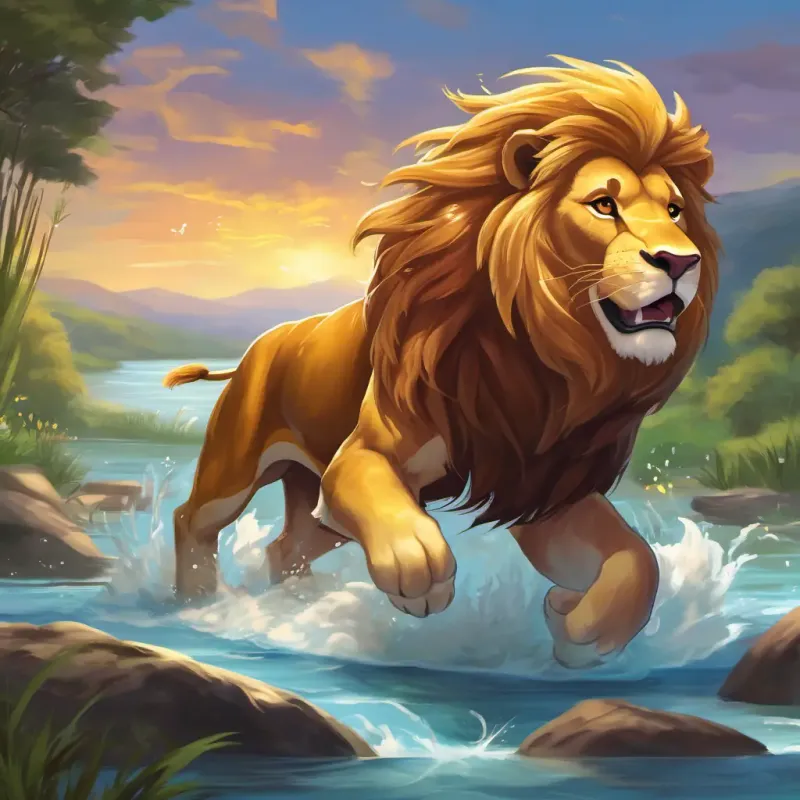 On the banks of a wild river, A brave lion with a golden mane, exuding strength and courage, amber eyes fearlessly takes the lead, his powerful muscles rippling as he swims through the shimmering water. A mischievous monkey with a playful grin, brown fur, mischievous spark, with his agile antics, soon follows suit.