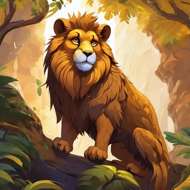 In the fading light, A brave lion with a golden mane, exuding strength and courage, amber eyes, A mischievous monkey with a playful grin, brown fur, mischievous spark, and A wise old owl with piercing gaze, speckled feathers, perched on a branch find themselves in front of a shadowy cave nestled within towering cliffs. Above, a wise old owl named A wise old owl with piercing gaze, speckled feathers, perched on a branch perches on a branch, casting a watchful gaze upon A brave lion with a golden mane, exuding strength and courage, amber eyes's golden fur and A mischievous monkey with a playful grin, brown fur, mischievous spark's playful energy.