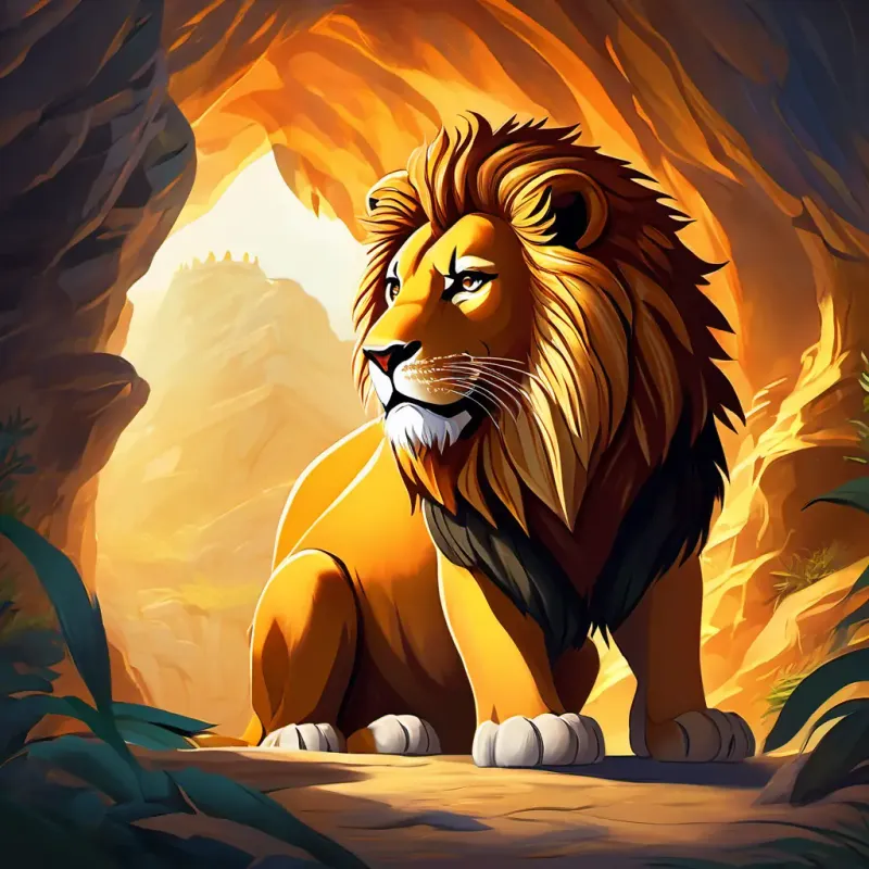In the dimly lit cave, A brave lion with a golden mane, exuding strength and courage, amber eyes silently tiptoes past a sleeping tiger, his majestic presence contrasting against the tiger's orange fur. At the center of the cave, a golden crown emanates a soft, enchanting glow.