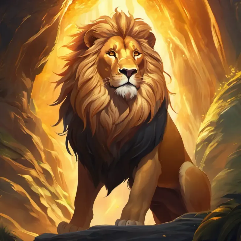 With the crown resting upon his majestic mane, A brave lion with a golden mane, exuding strength and courage, amber eyes's golden eyes shine with a newfound power and wisdom. Around him, an ethereal magical aura fills the cave, transforming it into a realm of wonder.
