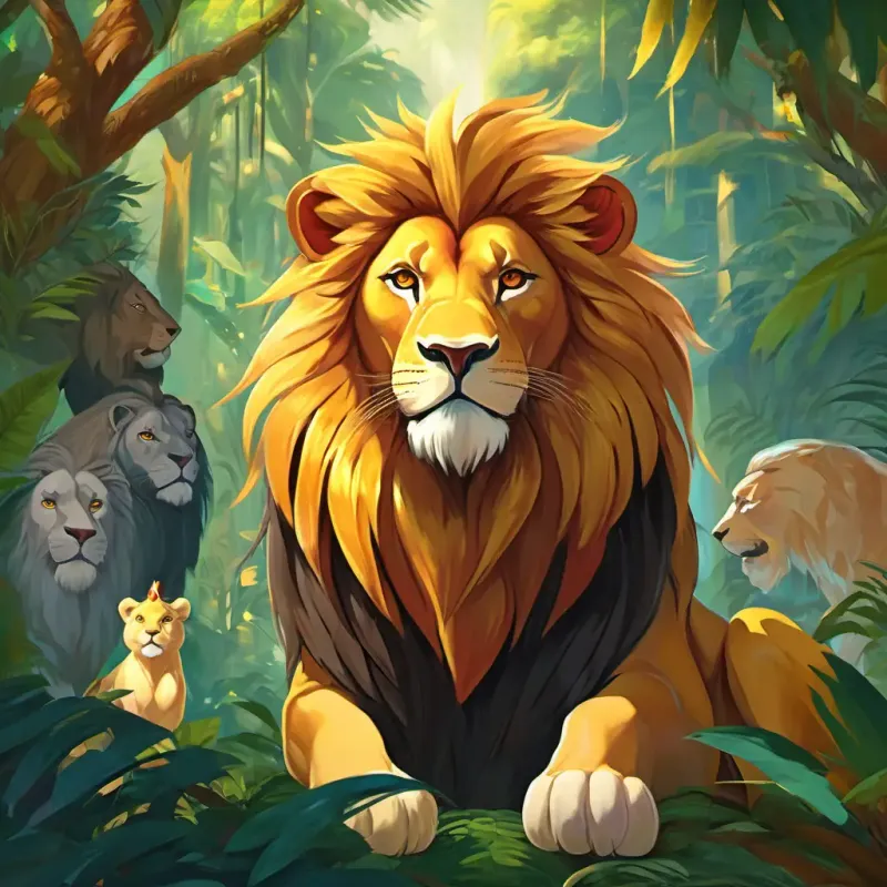 In the heart of the vibrant jungle, A brave lion with a golden mane, exuding strength and courage, amber eyes stands triumphantly, wearing the crown upon his golden head. Surrounded by an adoring group of animals, their eyes reflect admiration and gratitude.