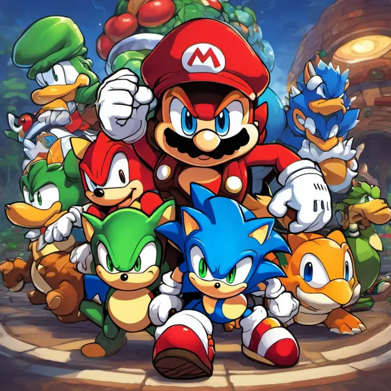 Dean has brown hair and blue eyes, Michael has black hair and brown eyes, Sonic is a blue hedgehog with red shoes, and Mario wears a red hat and has a big mustache frowning, while King Koopa is a green turtle-like creature and Dr Robotnik is a round man with a big mustache are plotting something