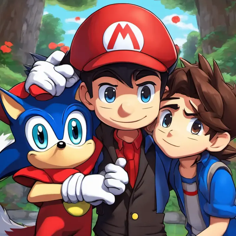 Dean has brown hair and blue eyes, Michael has black hair and brown eyes, Sonic is a blue hedgehog with red shoes, and Mario wears a red hat and has a big mustache hugging each other, tears in their eyes, as they say goodbye