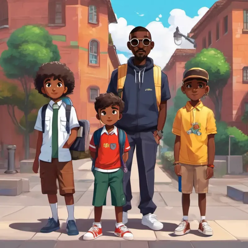 Jr is a smart and cool kid with dark skin and bright eyes in his school uniform, standing next to his friends and Uncle Pashi is a 40-year-old cool rapper with dark skin and stylish clothes with his cool rapper outfit