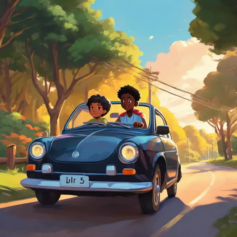 Jr is a smart and cool kid with dark skin and bright eyes's mom driving the rundown little black car with Jr is a smart and cool kid with dark skin and bright eyes sitting in the backseat