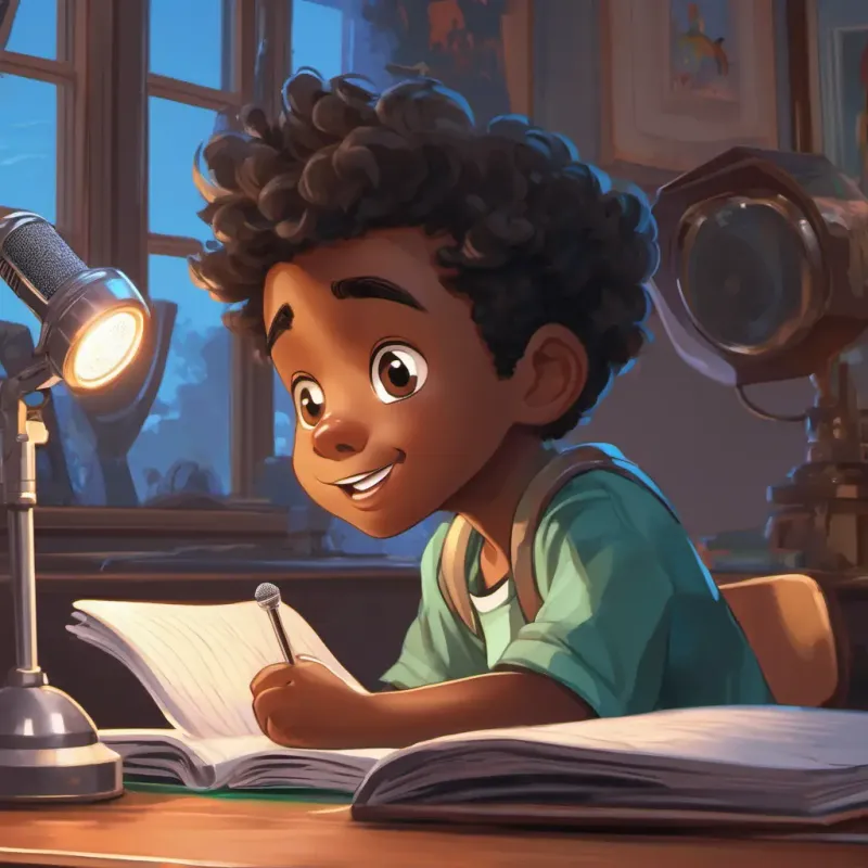 Jr is a smart and cool kid with dark skin and bright eyes in his bedroom, looking surprised at the shiny silver microphone on his desk