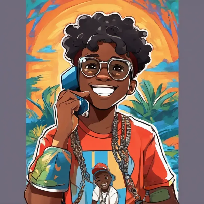 Jr is a smart and cool kid with dark skin and bright eyes talking on the phone with Uncle Pashi is a 40-year-old cool rapper with dark skin and stylish clothes, both looking happy and excited